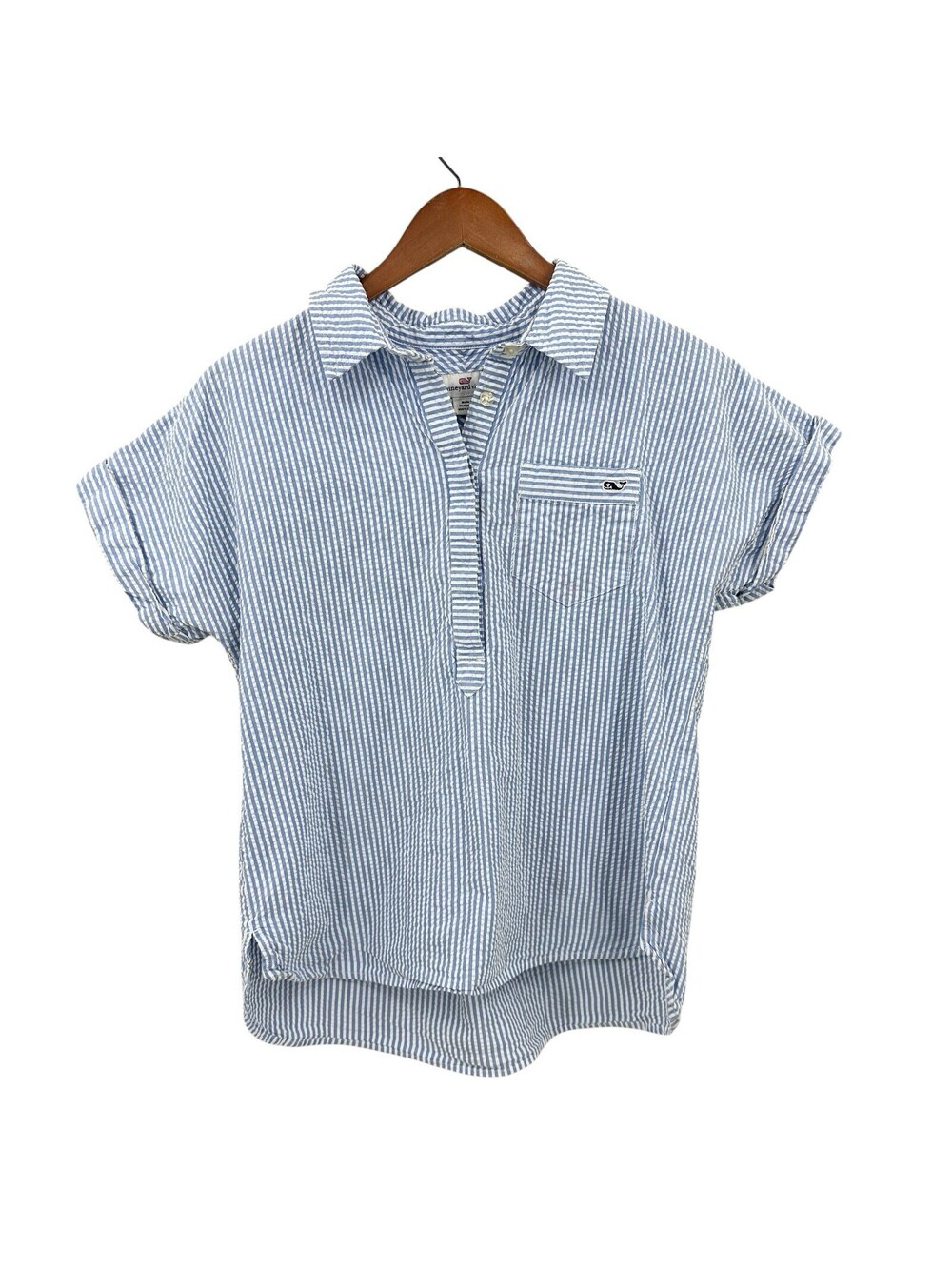 VINEYARD VINES Shirt Top Womens 10 Seersucker Striped Short Sleeve Blue X847